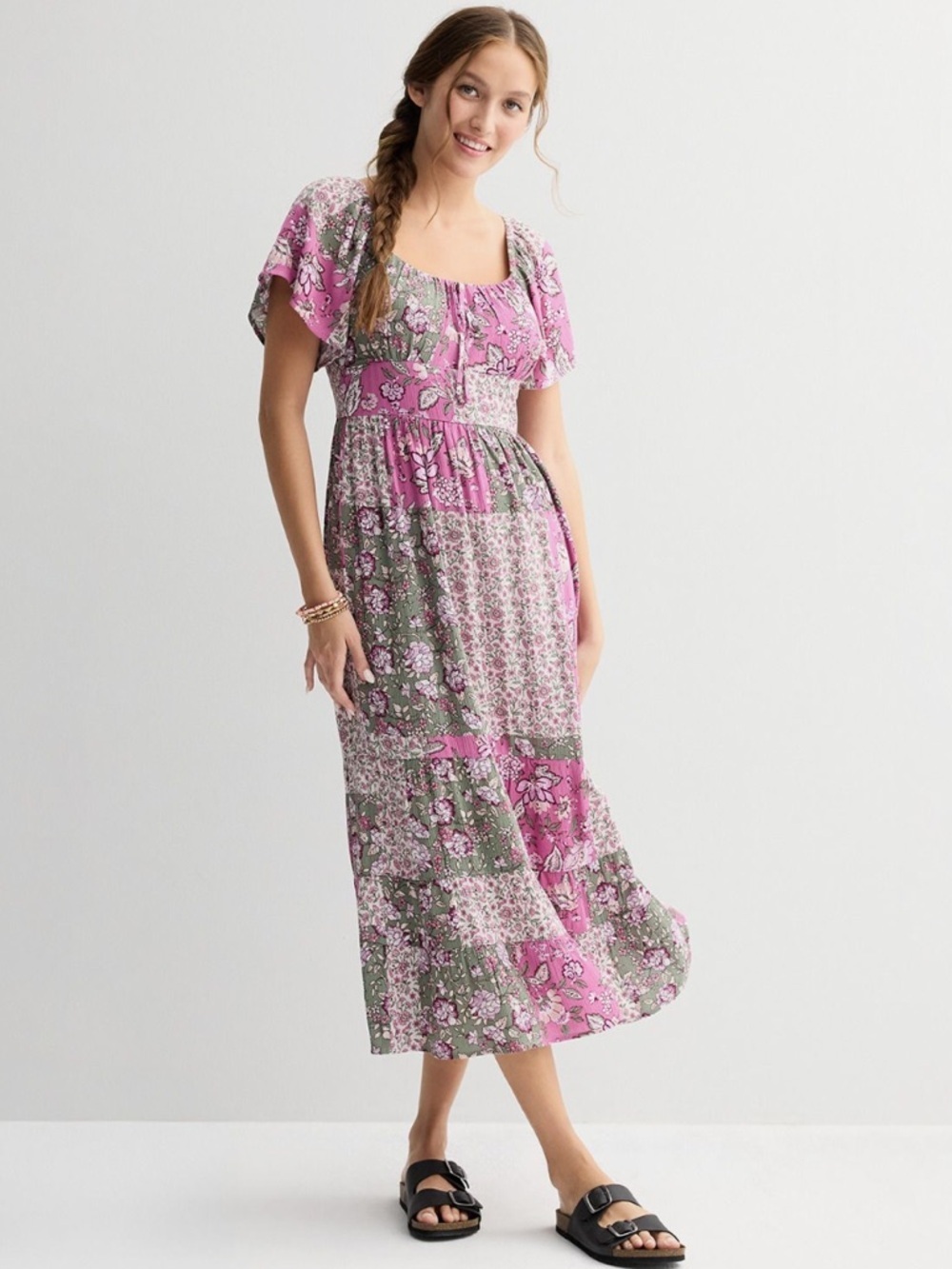 NWT Juniors Rewind Boho Patchwork Print Floral Flutter Sleeve Maxi Dress Small